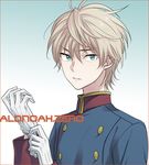  adjusting_clothes adjusting_gloves akuta_michi aldnoah.zero bangs blue_eyes border copyright_name double-breasted expressionless eyebrows_visible_through_hair gloves gradient gradient_background hair_between_eyes image_sample long_sleeves looking_at_viewer male_focus military military_uniform multicolored multicolored_background orange_border parted_lips pixiv_sample silver_hair slaine_troyard solo two-tone_background uniform upper_body white_gloves 