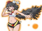  adapted_costume armpits ascot bare_shoulders belt bird_wings black_hair blush breasts crop_top groin hat leaf looking_at_viewer maple_leaf midriff navel odochi_(1or8) open_mouth pom_pom_(clothes) shameimaru_aya short_shorts shorts small_breasts smile solo tokin_hat touhou v v_over_eye wings wristband 