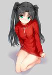  3: aldehyde barefoot black_hair blush breasts fate/stay_night fate_(series) full_body green_eyes hair_ribbon long_hair looking_at_viewer md5_mismatch medium_breasts naked_sweater no_legwear ribbed_sweater ribbon shirt_tug simple_background solo sweater toosaka_rin two_side_up 