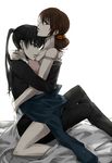  bad_id bad_pixiv_id bare_shoulders bed bed_sheet black_hair blush brown_hair camisole collarbone formal freckles from_side highres hug kunizuka_yayoi light_smile lips long_hair multiple_girls off_shoulder on_bed parted_lips profile psycho-pass scrunchie shimotsuki_mika simple_background spaghetti_strap straddling strap_slip suit thorn_(ashthorn) white_background yuri 