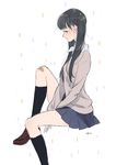  bandaid bandaid_on_knee black_hair black_legwear from_side highres kneehighs long_hair morikura_en original school_uniform solo sweater tears twintails uniform 