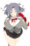  alternate_hairstyle backpack bag black_hair blue_eyes bow breasts button_gap dress_shirt grey_hair hair_ribbon huge_breasts kaede_(sayappa) looking_at_viewer official_style open_mouth randoseru ribbon senran_kagura senran_kagura_shinovi_versus shirt short_hair skirt smile solo twintails yumi_(senran_kagura) 