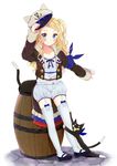  anchor_symbol bad_id bad_pixiv_id barrel blonde_hair blue_eyes cat garter_straps hat hat_removed headwear_removed long_hair looking_at_viewer mary_janes mirei original pumpkin_pants shoes smile solo white_legwear 