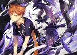  animal arm_wrap bangs bird brown_eyes brown_hair closed_mouth clothes_writing collarbone confetti cowboy_shot feathers flock frown haikyuu!! light_particles makoto_(roketto-massyumaro) male_focus number orange_eyes orange_hair polo_shirt raven_(animal) short_sleeves sportswear v_arms volleyball_uniform 