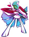  cape fighting_stance gallade gen_4_pokemon glaring highres horns mega_gallade no_humans pokemon pokemon_(creature) red_eyes solo spikes weapon white_background zerosonicly 