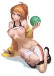  arm_support ball bike_shorts blue_eyes blush breasts groin gundam gundam_build_fighters gundam_build_fighters_try haro highres hips holding holding_ball hoshino_fumina jacket large_breasts lips mary_janes navel nipples off_shoulder one_knee open_clothes open_jacket orange_hair pants_down ponytail pubic_hair scrunchie shiny shiny_skin shirt_lift shoes smile socks solo sports_bra weien white_background white_legwear wide_hips wristband yellow_jacket 