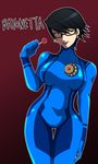  arm_up bayonetta bayonetta_(character) bayonetta_2 black_hair bodysuit candy cosplay glasses lollipop metroid mole naughty_face red_background samus_aran samus_aran_(cosplay) short_hair thigh_gap thighs wide_hips zero_suit 