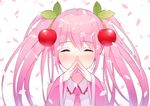  ^_^ bad_id bad_pixiv_id blush cherry cherry_blossoms closed_eyes facing_viewer food fruit hair_ornament hands_together hatsune_miku long_hair mirei necktie petals pink_hair sakura_miku solo vocaloid 