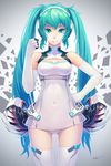  2014 :p aqua_eyes aqua_hair clenched_hand covered_navel dated elbow_gloves gloves goodsmile_racing hand_on_hip hatsune_miku headphones highres leotard long_hair racing_miku smile solo thighhighs tongue tongue_out twintails tyc001x very_long_hair vocaloid 