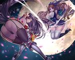  ass bent_over black_hair breasts brown_hair fantchi full_moon highres large_breasts long_hair looking_at_viewer looking_back midair moon multiple_girls official_art petals purple_eyes red_eyes thighs very_long_hair witch wuushuang_jiaan_ji 