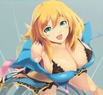  :d aqua_eyes bare_shoulders black_bra blonde_hair blue_dress blurry bra breasts bridal_gauntlets chromatic_aberration cleavage dark_magician_girl depth_of_field dress duel_monster facial_mark from_above headwear_removed huge_breasts jewelry long_hair looking_up necklace no_hat no_headwear off_shoulder open_mouth senria smile solo staff underwear yuu-gi-ou 