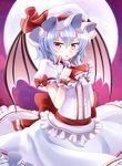  ascot bat_wings blue_hair bow brooch full_moon hands_on_own_chest hat hat_bow highres jewelry mob_cap moon nogisaka_kushio parted_lips red_eyes remilia_scarlet short_hair solo touhou wings wrist_cuffs 
