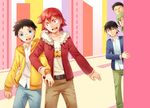  bad_id bad_pixiv_id belt black_hair blue_eyes blush collarbone cr72 glasses green_hair jacket long_hair male_focus multiple_boys naruko_shoukichi onoda_sakamichi open_clothes open_jacket open_mouth red_eyes red_hair tiger yowamushi_pedal 