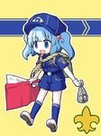  alternate_costume aratami_isse backpack bag belt blue_eyes blue_hair cub_scout fleur_de_lis hair_bobbles hair_ornament hat kawashiro_nitori open_mouth rope scout short_hair shorts smile solo touhou two_side_up uniform 