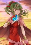  1girl breasts cape chiki cleavage closed_mouth cloud doku_ringo36 dress fire_emblem fire_emblem:_kakusei gloves grass green_eyes green_hair hair_ribbon highres long_hair mamkute medium_breasts nintendo outdoors pointy_ears ponytail red_dress red_gloves ribbon sky smile solo tiara 