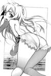  artist_request ass bare_shoulders blush breasts chaika_trabant covering covering_breasts embarrassed eyebrows from_behind greyscale highres hitsugi_no_chaika kneeling looking_at_viewer monochrome non-web_source official_art open_mouth scan sideboob small_breasts solo thick_eyebrows 