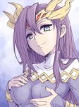  aqua_eyes bracer breast_lift breasts dress genderswap genderswap_(mtf) hands_on_own_chest headpiece ishiyumi loki_(p&amp;d) long_hair long_sleeves looking_at_viewer medium_breasts purple_dress purple_hair puzzle_&amp;_dragons self_fondle smile solo 