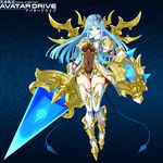  armor blue_eyes blue_hair boots breasts covered_navel earrings flower forehead_jewel full_body fur_trim gauntlets greaves hair_flower hair_ornament hotori_(sion) huge_weapon jewelry kousoku_kidou_avatar_drive lance large_breasts leotard long_hair parted_lips pointy_ears polearm puffy_sleeves shield sidelocks solo thigh_boots thighhighs very_long_hair weapon white_legwear 