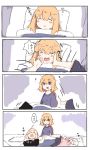  ... 3girls 4koma =_= ? absurdres ahoge black_shirt black_shorts blonde_hair blush_stickers clothes_writing comic drooling eyes_closed fate/grand_order fate_(series) futon highres jeanne_d&#039;arc_(alter)_(fate) jeanne_d&#039;arc_(fate) jeanne_d&#039;arc_(fate)_(all) jeanne_d&#039;arc_alter_santa_lily light_brown_hair lying multiple_girls on_back open_mouth out_of_frame parted_lips pillow pink_shirt purple_shirt ranf saliva shirt shorts silent_comic sleeping spoken_ellipsis sweat under_covers white_hair zzz 