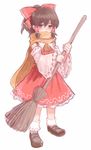  ascot bow broom brown_hair detached_sleeves full_body furorida hair_bow hair_tubes hakurei_reimu loafers orange_scarf ribbon-trimmed_sleeves ribbon_trim scarf shoes simple_background socks solo standing sweeping touhou white_background 