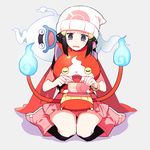 beanie black_hair blue_lips boots cat closed_eyes commentary ghost gum_(gmng) hair_ornament hairclip haramaki hat hikari_(pokemon) index_finger_raised jibanyan kneeling multiple_tails notched_ear open_mouth pink_footwear pokedex pokemon red_scarf scarf skirt tail two_tails whisper_(youkai_watch) youkai youkai_watch 