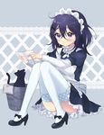  bad_id bad_pixiv_id black_eyes black_hair cat hair_ornament hairclip holding letter long_hair maid maid_headdress mary_janes mirei original reading shoes sitting smile solo tears thighhighs white_legwear 