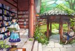  2girls bench black_hair blue_eyes book bookshelf commentary_request desk flower gazebo glasses grass hair_flower hair_ornament indoors library long_hair multiple_girls original plant pleated_skirt reading school_uniform serafuku shigureteki short_hair sitting skirt smile thighhighs tree twintails vines 