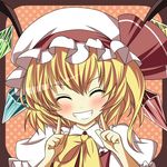  ^_^ bad_id bad_pixiv_id blonde_hair blush bow closed_eyes finger_to_cheek flandre_scarlet grin hat hat_bow hikobae pointing pointing_at_self side_ponytail smile solo teeth touhou wings 