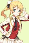  ayase_eli blonde_hair blue_eyes hair_ornament hairclip hand_on_hip looking_at_viewer love_live! love_live!_school_idol_project midorikawa_you necktie ponytail sketch smile solo sore_wa_bokutachi_no_kiseki yellow_background 