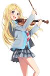  :d blazer blonde_hair blue_eyes dress_shirt highres instrument jacket kimagure_blue long_hair md5_mismatch miyazono_kawori necktie open_mouth plaid plaid_skirt school_uniform shigatsu_wa_kimi_no_uso shirt simple_background skirt smile solo violin white_background 