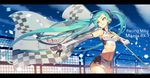 aqua_eyes aqua_hair breasts character_name cleavage confetti cowboy_shot flag goodsmile_company goodsmile_racing hair_ornament hatsune_miku holding long_hair lvans medium_breasts navel race_queen solo twintails vocaloid wind 