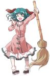  alphes_(style) animal_ears bamboo_broom broom closed_eyes dairi full_body green_hair kasodani_kyouko open_mouth parody short_hair smile solo style_parody touhou transparent_background 