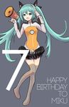  aqua_eyes aqua_hair aqua_nails character_name fingerless_gloves gloves grey_background happy_birthday hatsune_miku headphones highres long_hair megaphone nail_polish odds_&amp;_ends_(vocaloid) open_mouth smile solo thighhighs twintails very_long_hair vocaloid wanglee417 zettai_ryouiki 