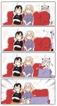  3girls 4koma :d absurdres ahoge bangs bell black_shirt black_shorts blanket blush blush_stickers closed_mouth clothes_writing comic couch crossed_arms eighth_note emphasis_lines eyebrows_visible_through_hair eyes_closed fate/grand_order fate_(series) hair_between_eyes headpiece highres holding holding_blanket jeanne_d&#039;arc_(alter)_(fate) jeanne_d&#039;arc_(fate) jeanne_d&#039;arc_(fate)_(all) jeanne_d&#039;arc_alter_santa_lily lap_pillow light_brown_hair long_hair long_sleeves multiple_girls musical_note nose_bubble notice_lines open_mouth pink_shirt purple_shirt ranf shirt short_over_long_sleeves short_sleeves shorts silent_comic sitting sleeping sleeping_on_person sleeping_upright smile very_long_hair you&#039;re_doing_it_wrong 