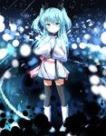  aqua_eyes aqua_hair black_legwear dress kotou_(ko-tou) long_hair long_sleeves looking_at_viewer noel_(sora_no_method) shoes smile solo sora_no_method thighhighs two_side_up white_dress zettai_ryouiki 