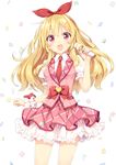  :d aikatsu! aikatsu!_(series) blonde_hair confetti frills hairband holding hoshimiya_ichigo idol long_hair looking_at_viewer microphone necktie open_mouth peko red_eyes smile solo wrist_cuffs 