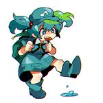  :d backpack bag blue_eyes boots damenaito dress full_body green_hair hair_bobbles hair_ornament hat kawashiro_nitori key lowres open_mouth puddle puffy_short_sleeves puffy_sleeves rubber_boots shirt short_hair short_sleeves short_twintails simple_background skirt skirt_set smile solo star star-shaped_pupils symbol-shaped_pupils touhou twintails two_side_up water white_background 
