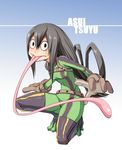  asui_tsuyu belt black_eyes black_hair bodysuit boku_no_hero_academia boots character_name dream_demon frog_girl gloves green_bodysuit hair_rings long_hair long_tongue low-tied_long_hair monster_girl solo thigh_boots thighhighs tongue very_long_tongue 