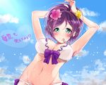  adjusting_hair alternate_hairstyle arihara_(arhr0) arms_up bikini breasts flower frilled_bikini frills green_eyes hair_flower hair_ornament hair_up large_breasts love_live! love_live!_school_idol_project mouth_hold purple_hair ribbon swimsuit toujou_nozomi translated 