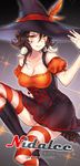  bewitching_nidalee breasts brown_hair character_name cleavage collarbone dress earrings fang hand_on_headwear hat jewelry joypyonn large_breasts league_of_legends looking_at_viewer nidalee short_hair smile solo striped striped_legwear thighhighs watermark web_address witch_hat yellow_eyes 