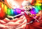  bad_id bad_pixiv_id blonde_hair cloud constricted_pupils crazy_eyes crazy_smile crystal fangs flandre_scarlet full_moon glowing h2c hat highres moon necktie night outstretched_arm red_clouds red_eyes red_moon short_hair side_ponytail skirt sky solo touhou wings 
