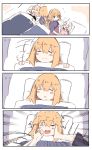  4koma absurdres afterimage ahoge bangs black_shirt black_shorts blonde_hair closed_mouth comic drooling emphasis_lines eyebrows_visible_through_hair eyes_closed fate/grand_order fate_(series) flying_sweatdrops hair_between_eyes highres jeanne_d&#039;arc_(alter)_(fate) jeanne_d&#039;arc_(fate) jeanne_d&#039;arc_(fate)_(all) jeanne_d&#039;arc_alter_santa_lily light_brown_hair long_hair lying on_back open_mouth parted_lips pillow pink_shirt purple_eyes purple_shirt ranf saliva shirt short_sleeves shorts silent_comic smile sweat tucking_in under_covers very_long_hair white_hair 