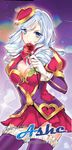  ashe_(league_of_legends) blue_eyes breasts character_name cleavage cleavage_cutout cowboy_shot drill_hair flower hair_ornament heart heartseeker_ashe joypyonn large_breasts league_of_legends long_hair looking_at_viewer purple_legwear rose smile solo thighhighs watermark web_address white_hair 