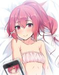  artist_name bad_id bad_pixiv_id bandeau bare_arms bare_shoulders bed bikini blush cellphone cinderella_bust dated hair_ribbon highres hiiragi_hajime i-168_(kantai_collection) kantai_collection long_hair phone red_eyes red_hair ribbon self_shot smile solo swimsuit 