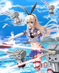  &gt;_&lt; :&lt; blonde_hair bojue_yu_yaojing_695657 closed_eyes elbow_gloves gloves hairband highleg highleg_panties kantai_collection laser lifebuoy long_hair navel ocean panties rensouhou-chan sailor_collar shimakaze_(kantai_collection) ship skirt smile striped striped_legwear thighhighs underwear very_long_hair watercraft 