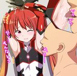  1boy 1girl armpit_licking armpits bdsm blush bodysuit bondage bound bound_wrists elbow_gloves genderswap gloves gradient_hair hair_ornament highres kurinohana licking long_hair mitsuka_souji multicolored_hair ore_twintail_ni_narimasu pink_eyes red_hair tail_red tailred tears thighhighs twintails very_long_hair wince 