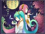  2girls aqua_hair armlet artist_name bad_id bad_pixiv_id bare_shoulders bracelet breasts bug butterfly cleavage earrings elbow_gloves flower full_moon funkid gloves hairband hatsune_miku highres insect jewelry long_hair megurine_luka moon multiple_girls pink_hair small_breasts vocaloid 