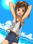  armpits arms_behind_head arms_up breasts brown_eyes brown_hair cloud day dutch_angle i-401_(kantai_collection) kantai_collection navel ocean one-piece_swimsuit ponytail school_swimsuit school_uniform serafuku shiden_(sashimi_no_wife) sideboob sky small_breasts smile solo swimsuit swimsuit_under_clothes water 