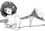  ass barefoot blush bra breasts cleavage downscaled greyscale hair_ribbon hairband haruhisky image_sample large_breasts leg_up looking_at_viewer lying md5_mismatch monochrome on_stomach panties resized ribbon short_hair smile solo suzumiya_haruhi suzumiya_haruhi_no_yuuutsu twitter_sample underwear underwear_only 