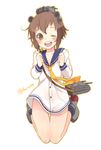  blush brown_eyes brown_hair dress fuji_fujino hair_ornament headgear headset kantai_collection looking_at_viewer neckerchief one_eye_closed open_mouth sailor_dress short_hair smile solo strap turret uniform yellow_neckwear yukikaze_(kantai_collection) 